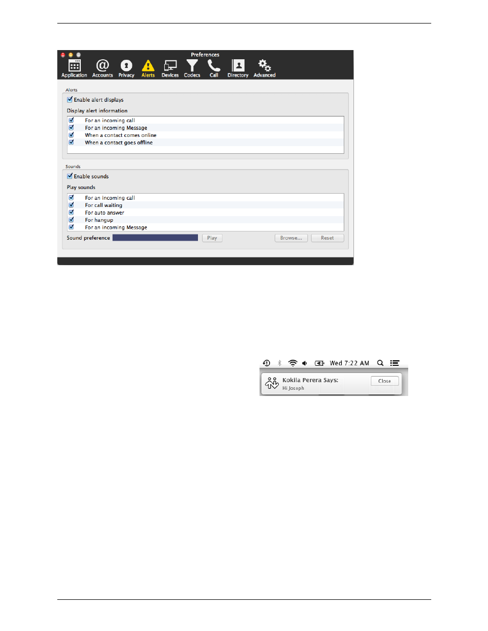 Preferences – alerts & sounds | CounterPath Bria 4 Mac User Guide - Retail Deployments User Manual | Page 70 / 90