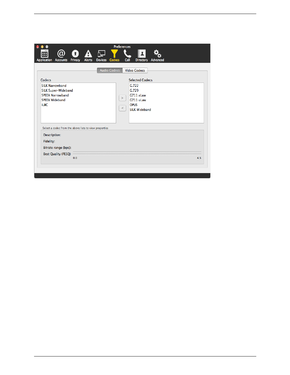 Preferences – codecs | CounterPath Bria 4 Mac User Guide - Retail Deployments User Manual | Page 73 / 90