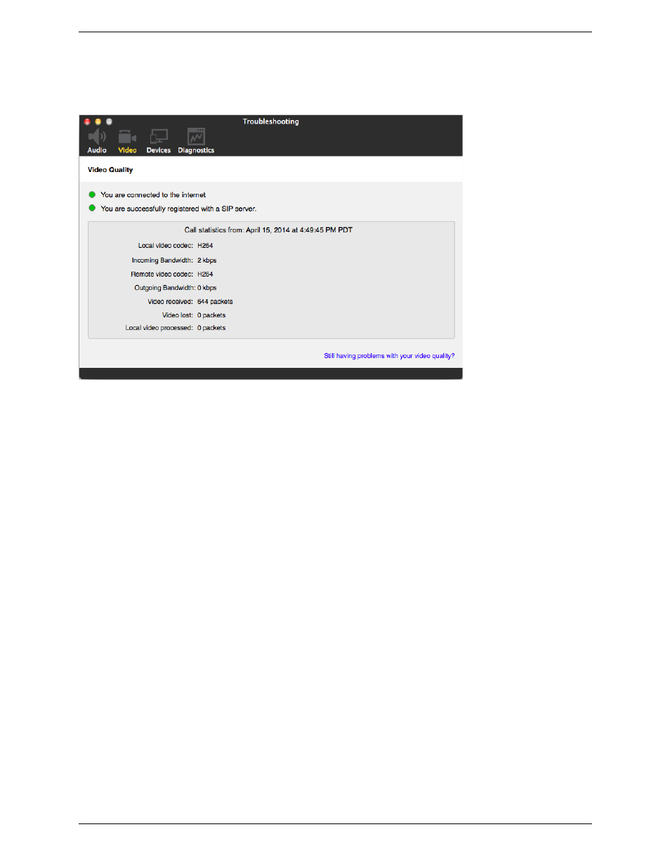 Testing video quality | CounterPath Bria 4 Mac User Guide - Retail Deployments User Manual | Page 78 / 90