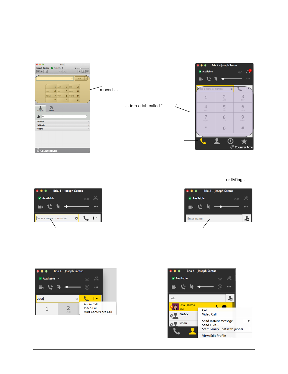 Changes to the softphone, Phone tab versus contacts tab in bria 4 | CounterPath Bria 3.5 vs 4 for Mac Comparison Guide User Manual | Page 2 / 6