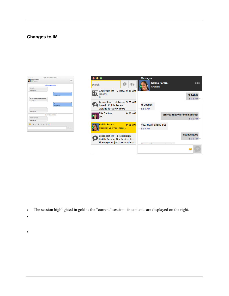 Changes to im, Starting an im, Receiving an im | The message window, Formatting | CounterPath Bria 3.5 vs 4 for Mac Comparison Guide User Manual | Page 4 / 6