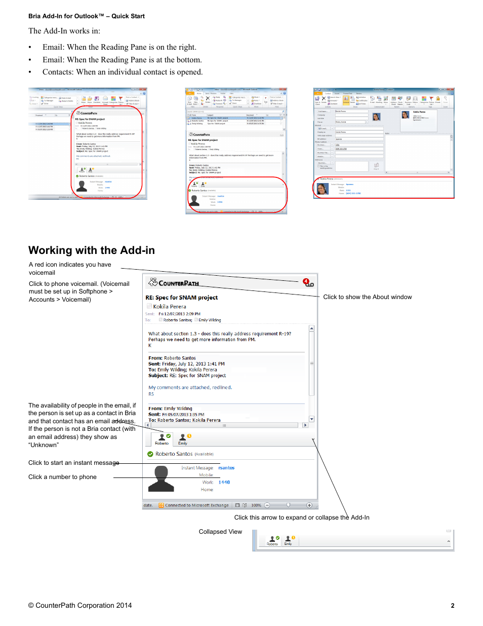 Working with the add-in | CounterPath Bria for Outlook Quick Start Guide User Manual | Page 2 / 2