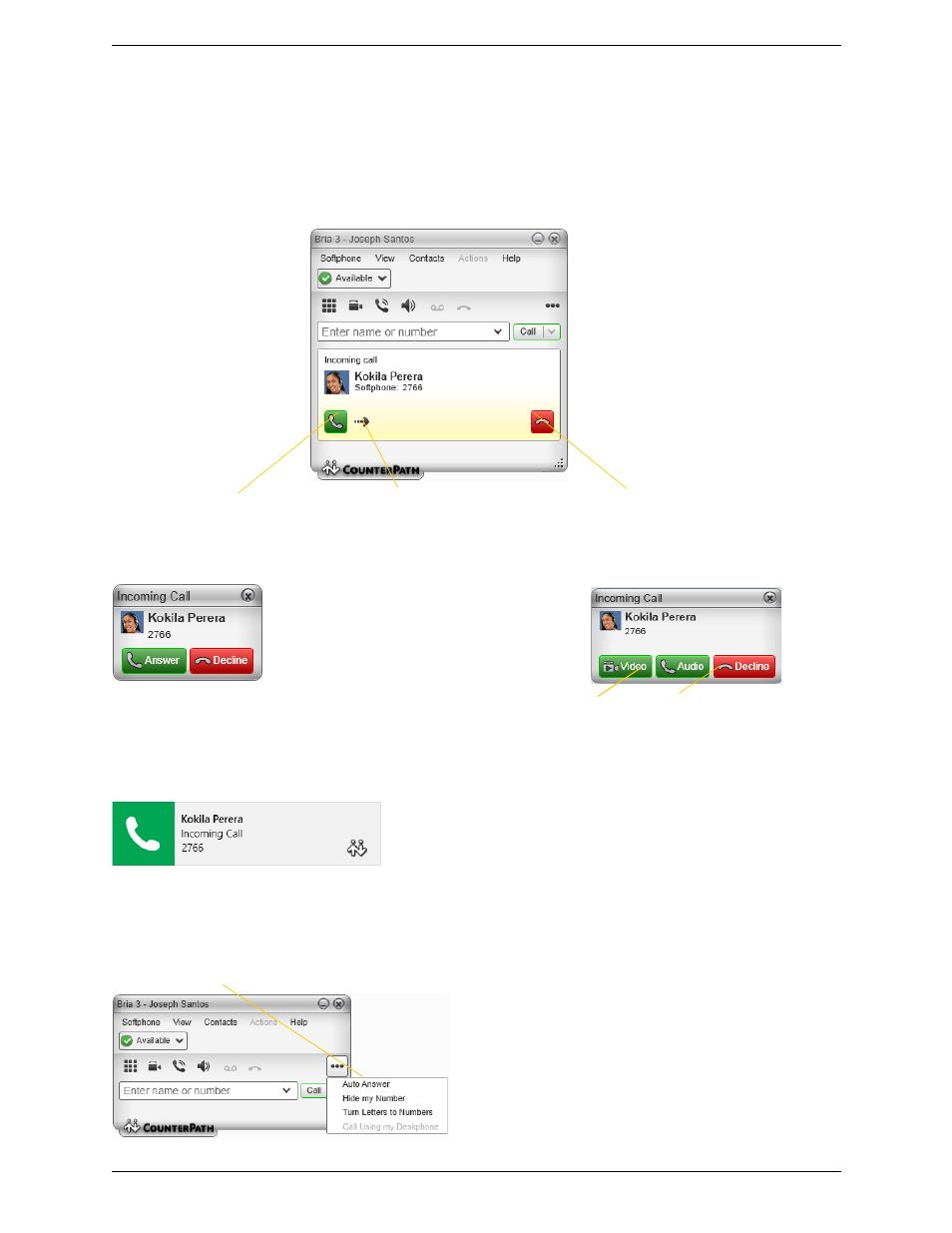 4 handling incoming calls, Handling incoming calls, Auto answer | CounterPath Bria 3.5.2 for Windows User Guide - Retail Deployments User Manual | Page 19 / 98