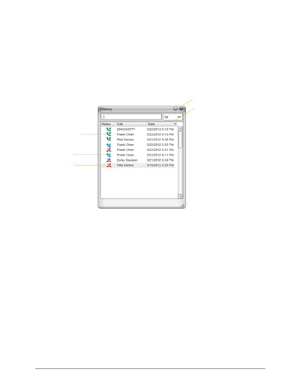 6 using other resources, 1 history tab, Using other resources | History tab, 6using other resources, Managing the lists of calls, Phoning from history | CounterPath Bria 3.5.2 for Windows User Guide - Retail Deployments User Manual | Page 53 / 98