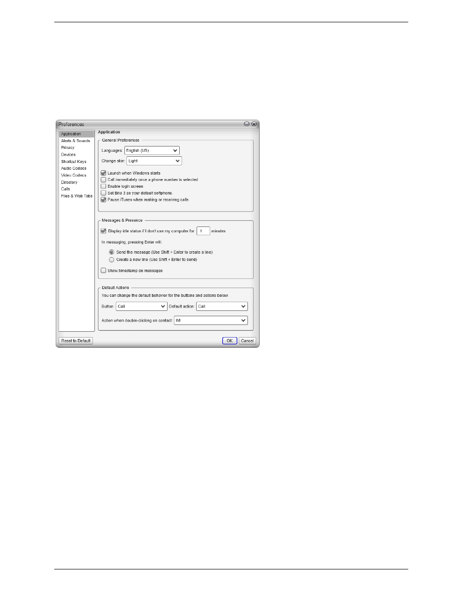 2 configuring preferences, Configuring preferences, Preferences – application | CounterPath Bria 3.5.2 for Windows User Guide - Retail Deployments User Manual | Page 73 / 98