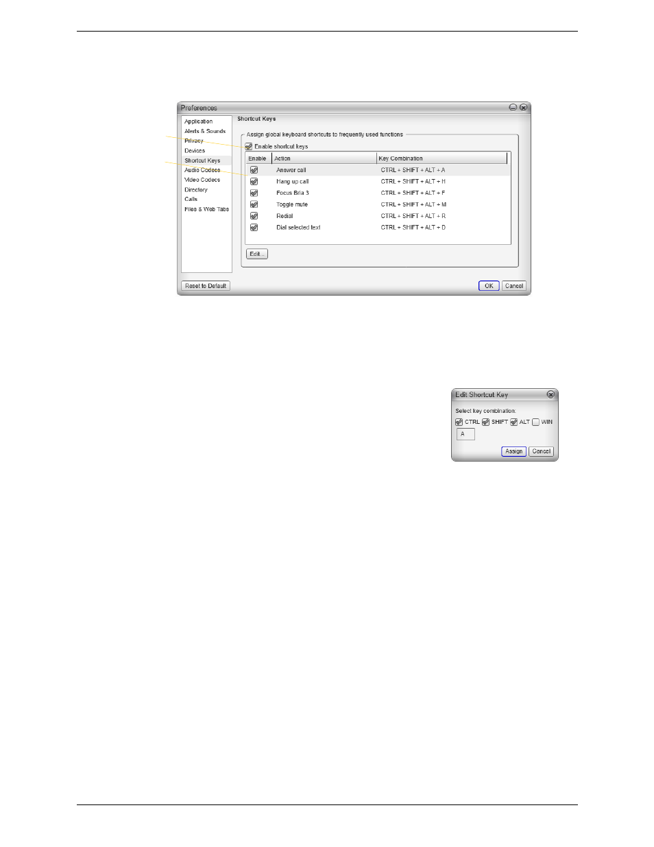 Preferences – shortcut keys | CounterPath Bria 3.5.2 for Windows User Guide - Retail Deployments User Manual | Page 78 / 98