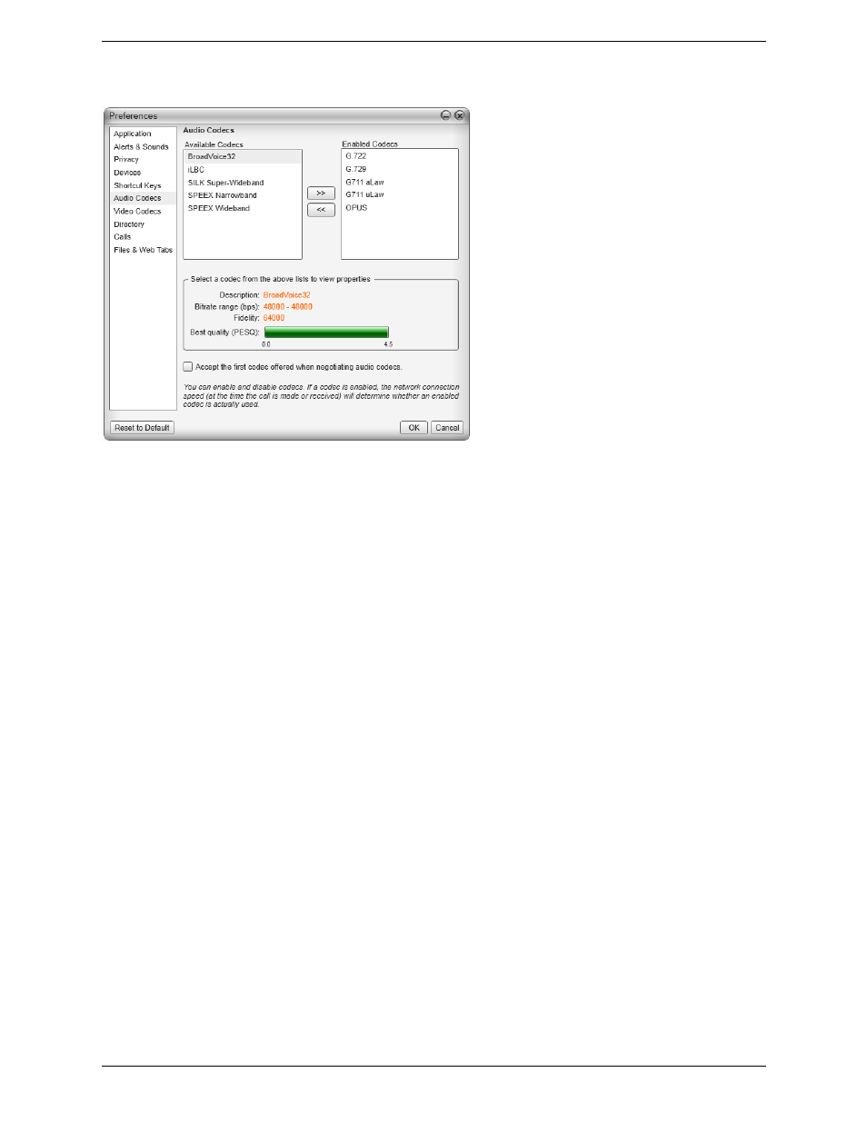 Preferences – audio codecs | CounterPath Bria 3.5.2 for Windows User Guide - Retail Deployments User Manual | Page 79 / 98