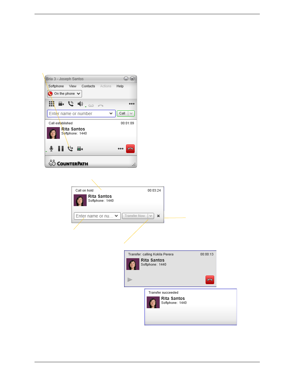 6 transfering a call, Transfering a call, Basic (unattended) transfer – transfer this call | CounterPath Bria 3.5.1 for Windows User Guide - Retail Deployments User Manual | Page 21 / 90