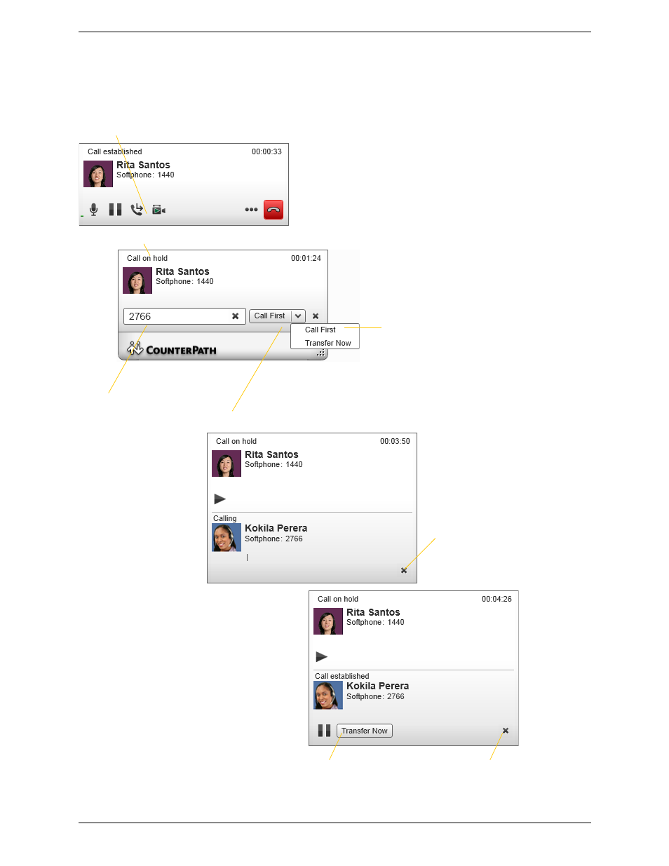Attended transfer – call then transfer | CounterPath Bria 3.5.1 for Windows User Guide - Retail Deployments User Manual | Page 22 / 90