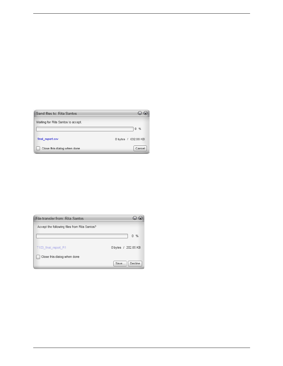 6 sending and receiving files, Sending and receiving files, Sending files | Receiving files | CounterPath Bria 3.5.1 for Windows User Guide - Retail Deployments User Manual | Page 39 / 90