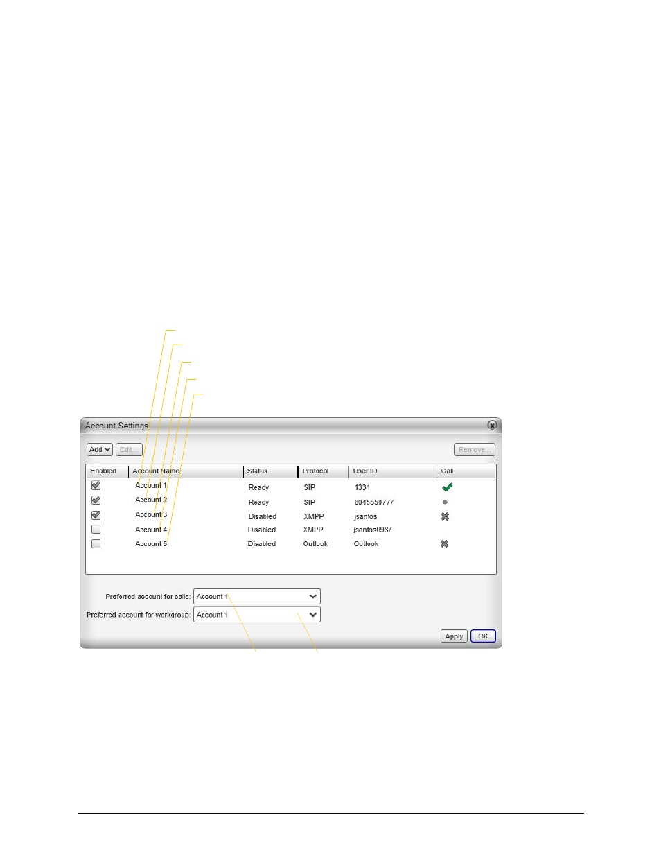 7 configuring bria, 1 configuring accounts, Configuring bria | Configuring accounts, 7configuring bria, Accounts settings window | CounterPath Bria 3.5.1 for Windows User Guide - Retail Deployments User Manual | Page 61 / 90