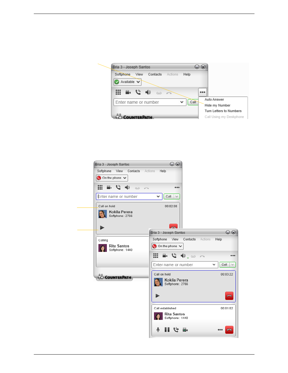 Hiding your identity (anonymous calling), Placing another call | CounterPath Bria 3.5 for Windows User Guide - Retail Deployments User Manual | Page 18 / 100