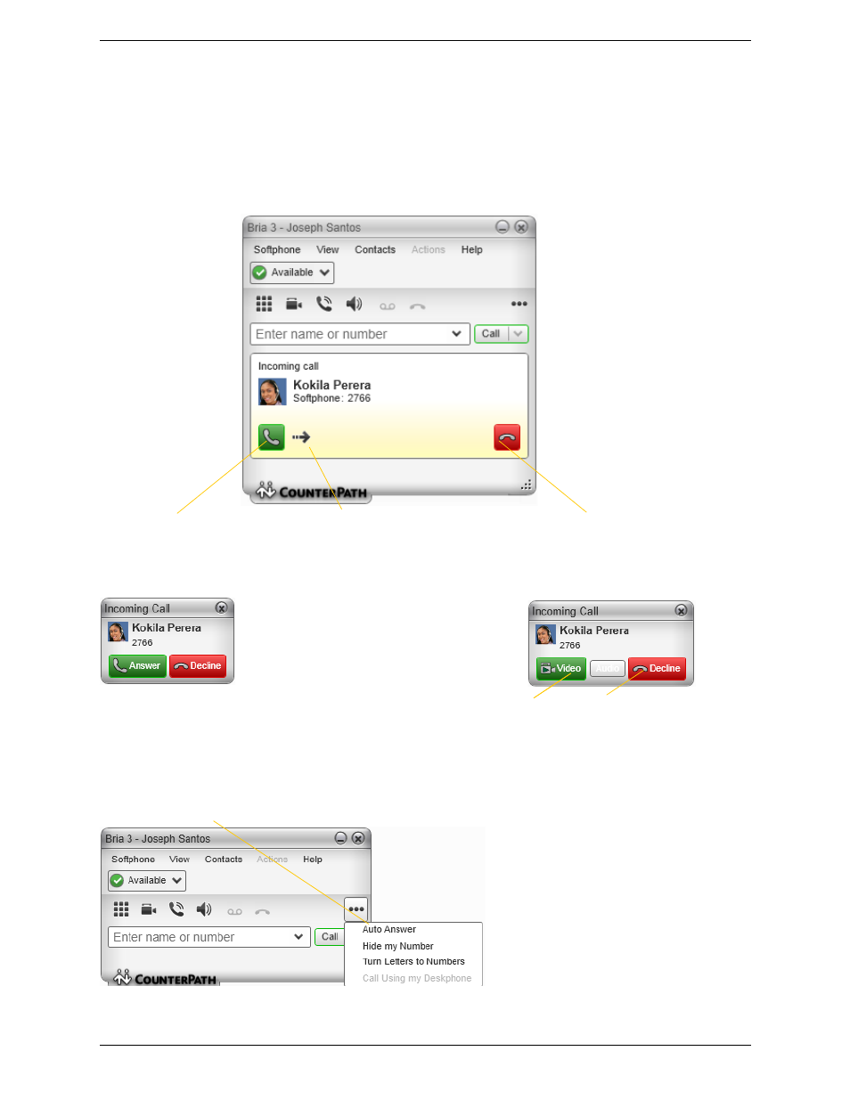 4 handling incoming calls, Handling incoming calls, Auto answer | CounterPath Bria 3.5 for Windows User Guide - Retail Deployments User Manual | Page 19 / 100