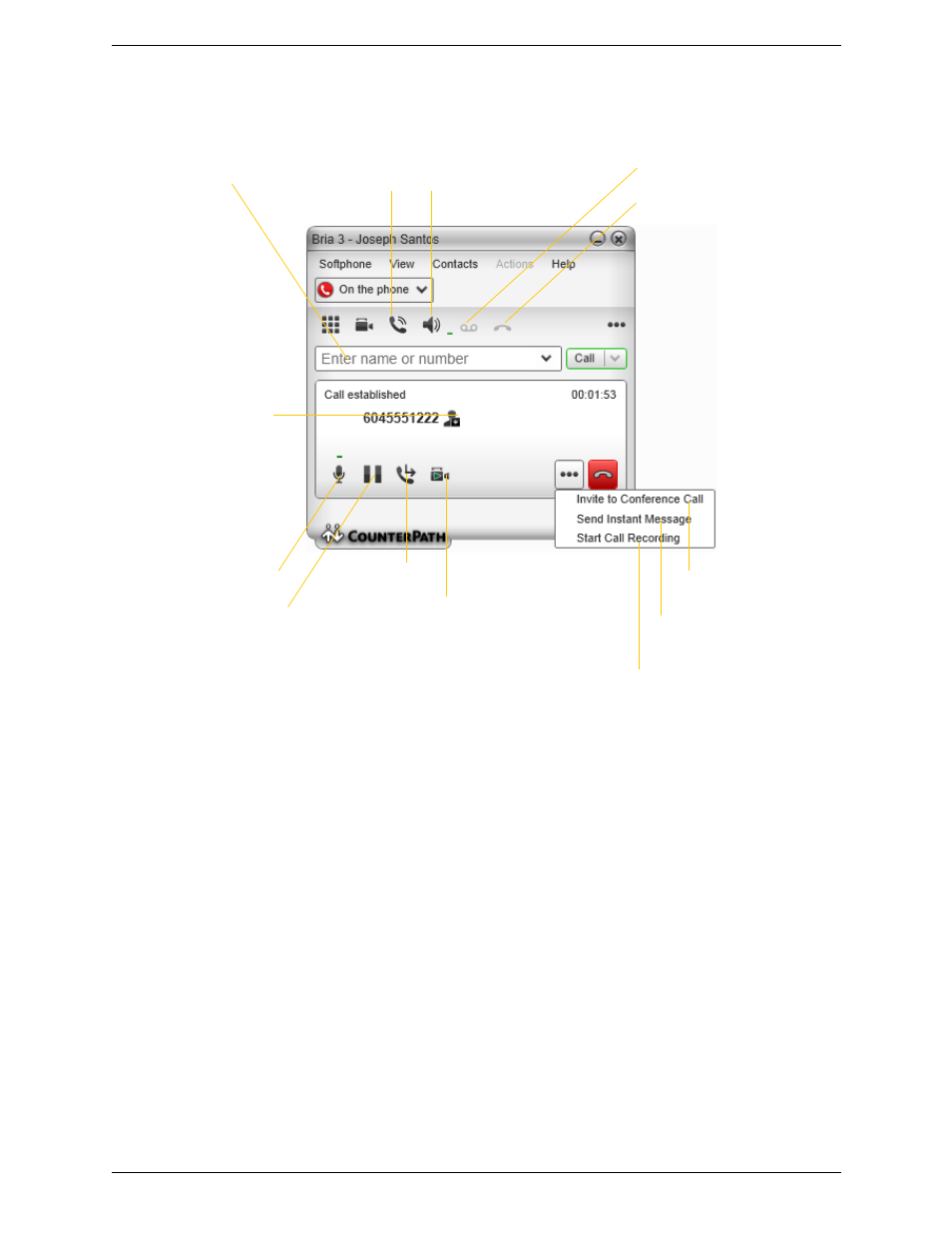 5 handling an established call, Handling an established call, Ending a call | CounterPath Bria 3.5 for Windows User Guide - Retail Deployments User Manual | Page 20 / 100