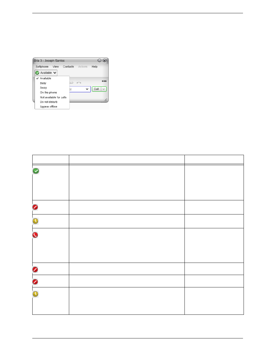 Setting your online status, Changing your status, Setting up status indicators | Status indicators | CounterPath Bria 3.5 for Windows User Guide - Retail Deployments User Manual | Page 48 / 100
