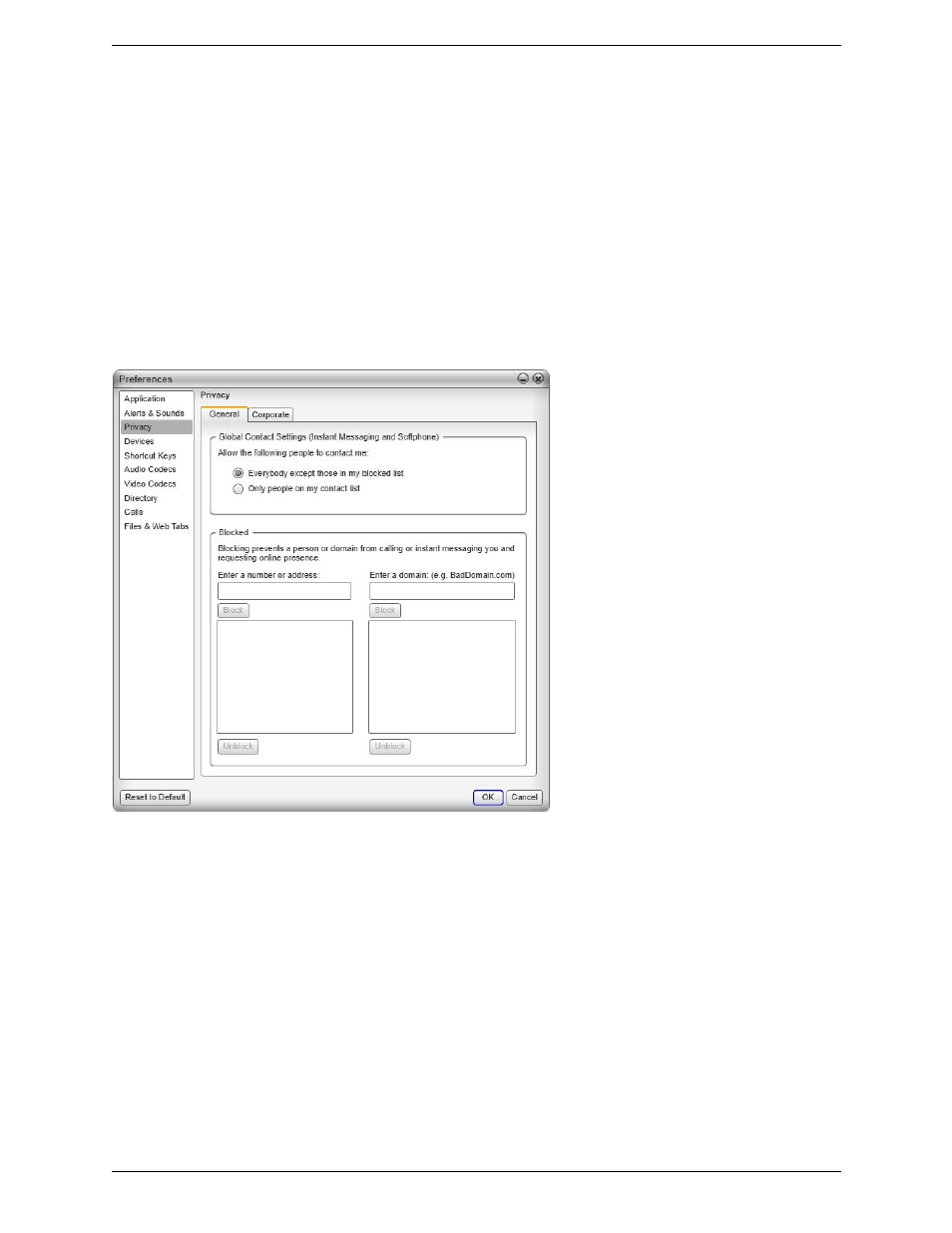 Preferences – privacy | CounterPath Bria 3.5 for Windows User Guide - Retail Deployments User Manual | Page 74 / 100