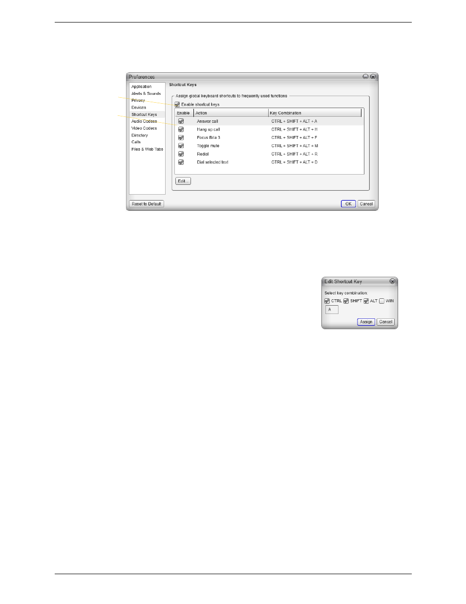 Preferences – shortcut keys | CounterPath Bria 3.5 for Windows User Guide - Retail Deployments User Manual | Page 77 / 100