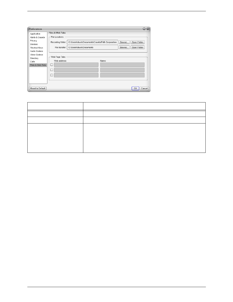 Preferences – files & web tabs | CounterPath Bria 3.5 for Windows User Guide - Retail Deployments User Manual | Page 84 / 100