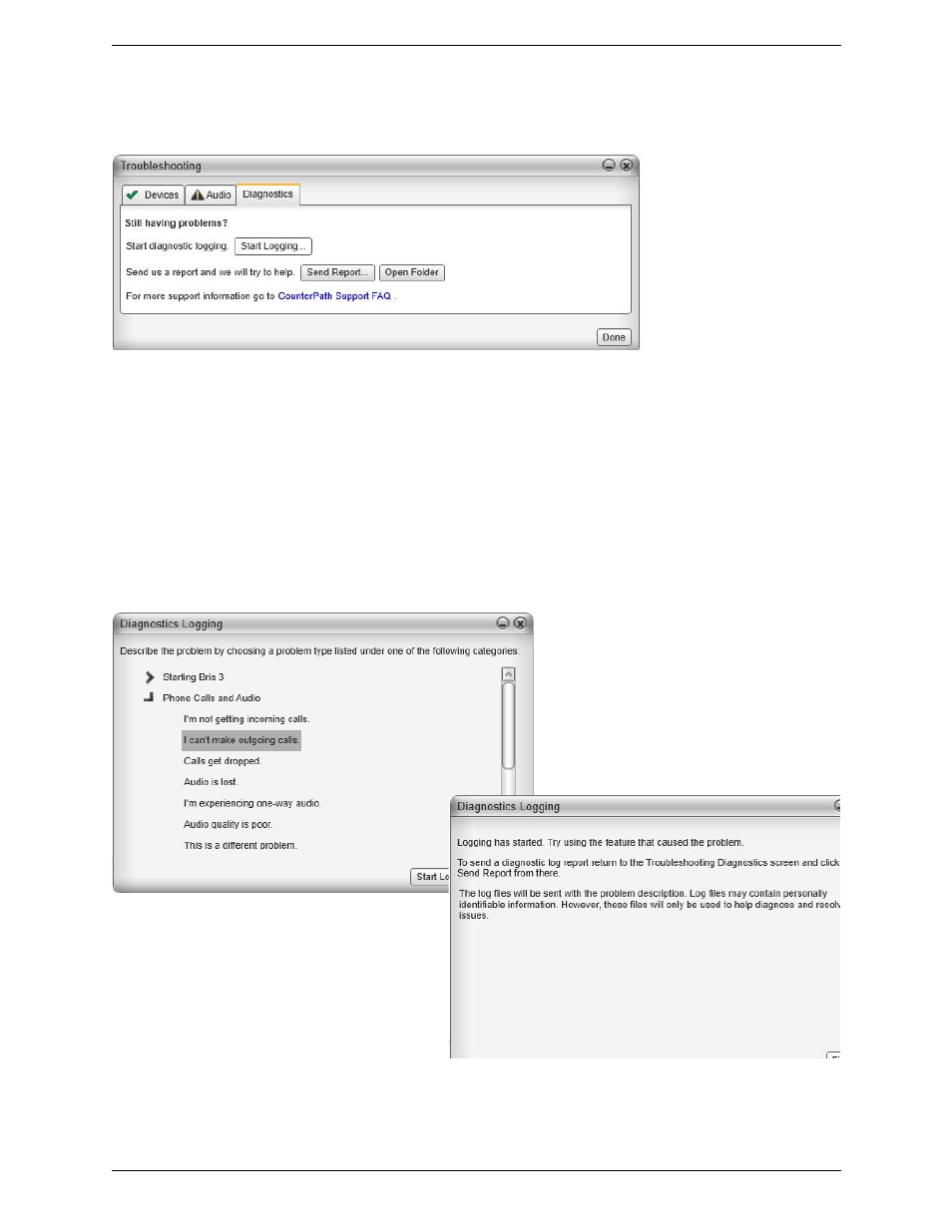 Diagnostics | CounterPath Bria 3.5 for Windows User Guide - Retail Deployments User Manual | Page 89 / 100