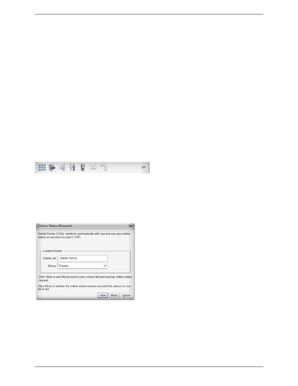 The bria menu, The bria toolbar, Receiving an online status request | CounterPath Bria 3.3 for Windows User Guide - Retail Deployments User Manual | Page 14 / 104