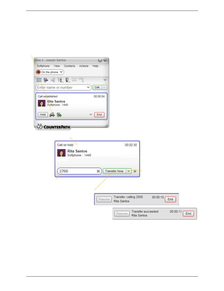 6 transfering a call, Transfering a call, Basic (unattended) transfer – transfer this call | CounterPath Bria 3.3 for Windows User Guide - Retail Deployments User Manual | Page 21 / 104