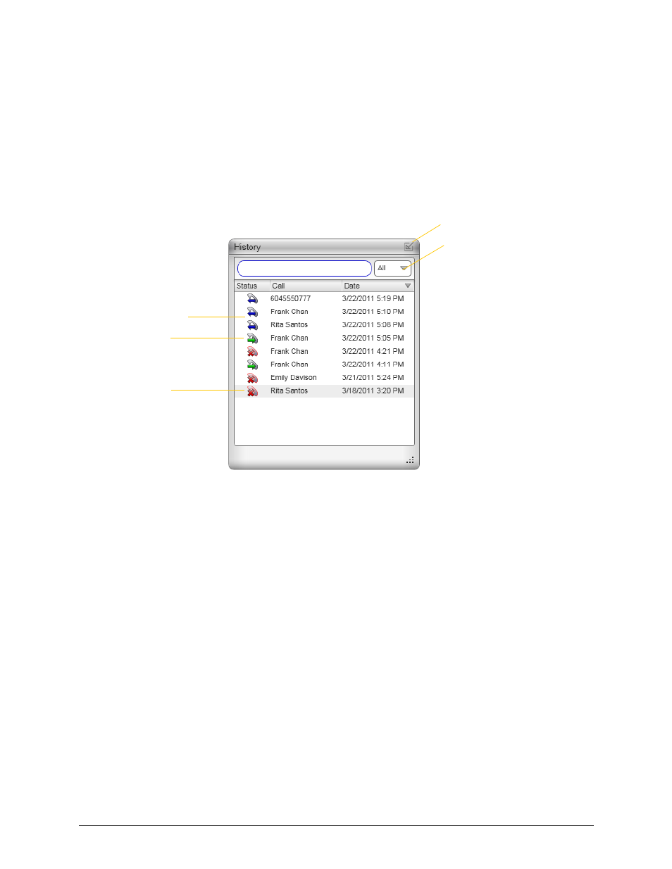 6 using other resources, 1 history tab, Using other resources | History tab, 6using other resources, Managing the lists of calls, Phoning from history | CounterPath Bria 3.3 for Windows User Guide - Retail Deployments User Manual | Page 51 / 104