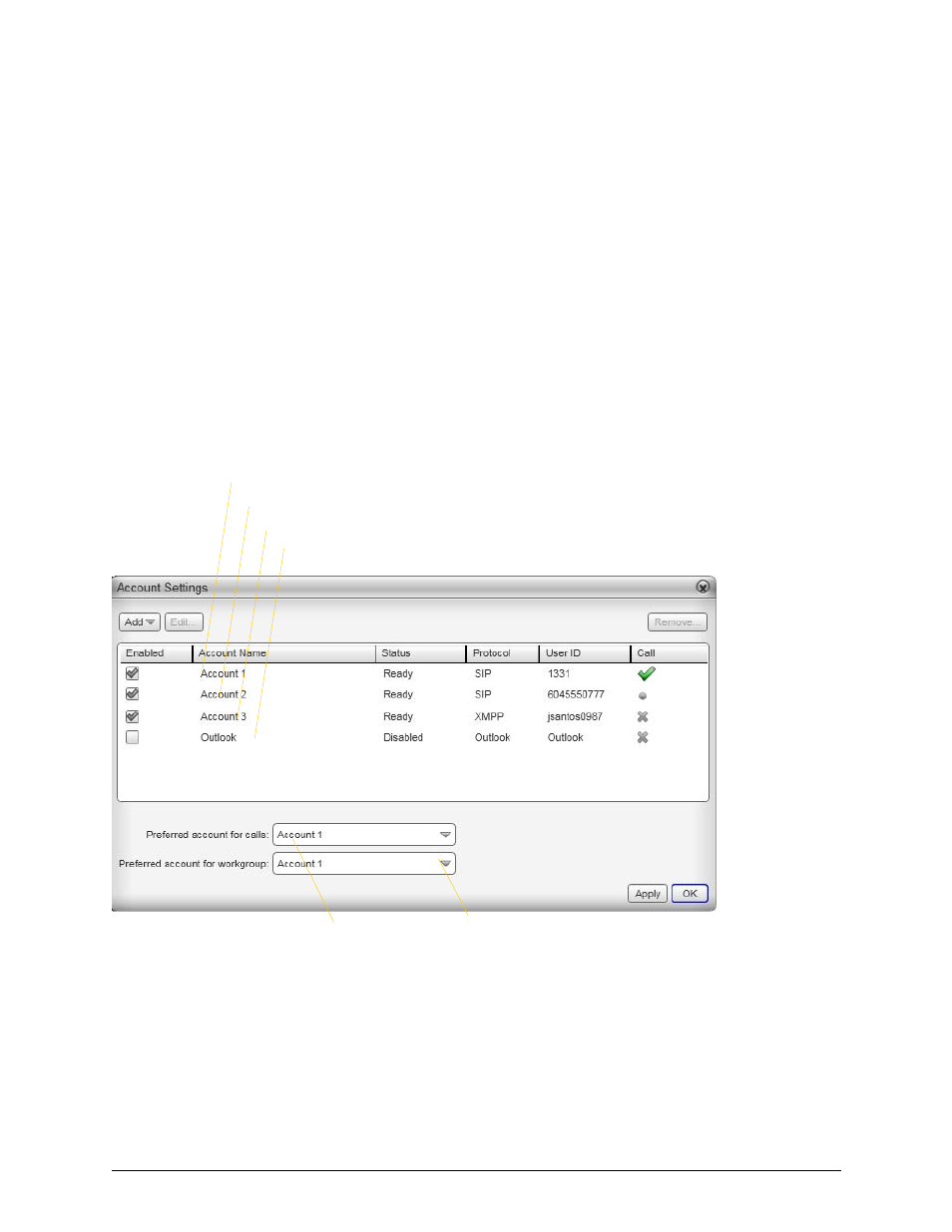 7 configuring bria, 1 configuring accounts, Configuring bria | Configuring accounts, 7configuring bria, Accounts settings window | CounterPath Bria 3.3 for Windows User Guide - Retail Deployments User Manual | Page 55 / 104