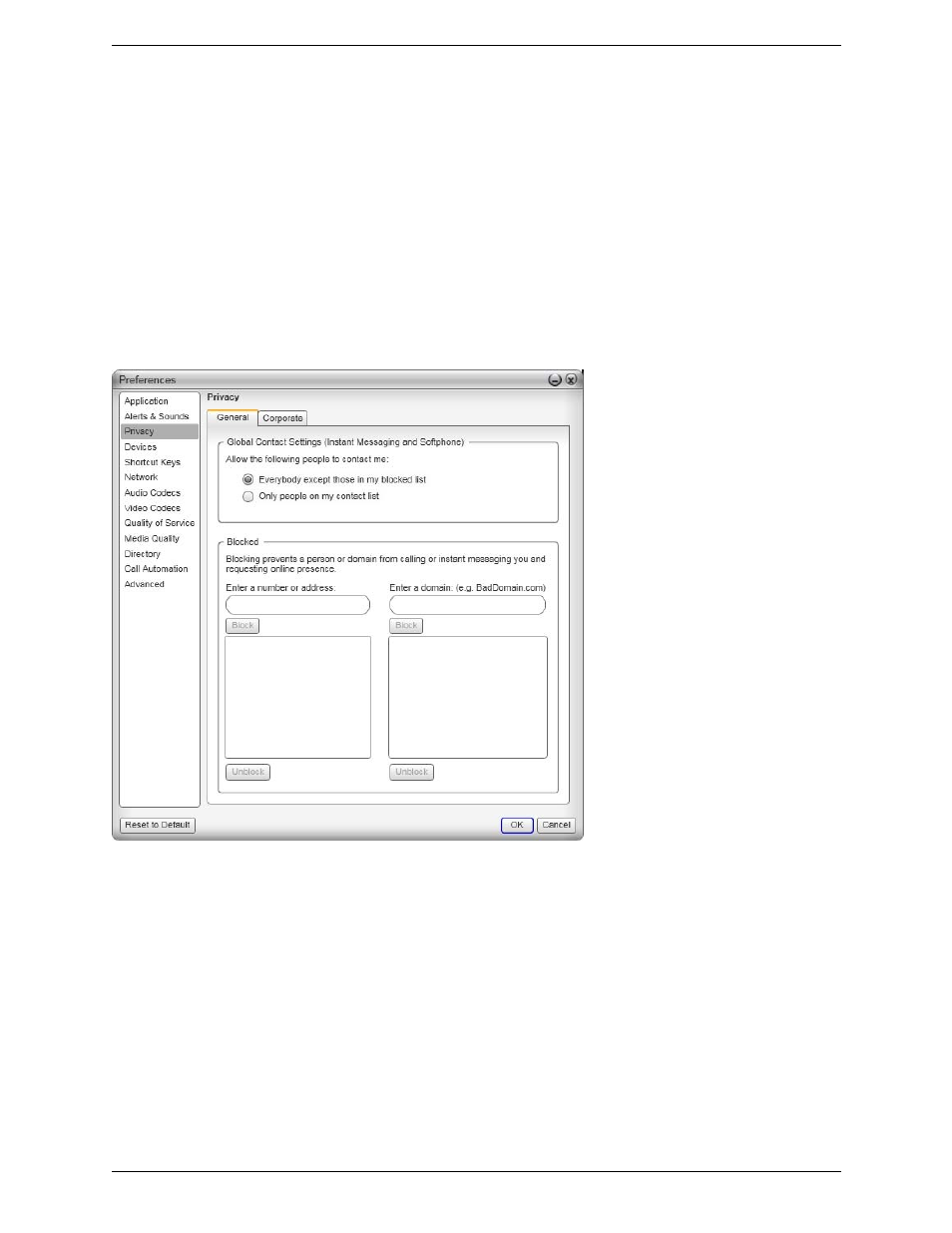 Preferences – privacy | CounterPath Bria 3.3 for Windows User Guide - Retail Deployments User Manual | Page 75 / 104