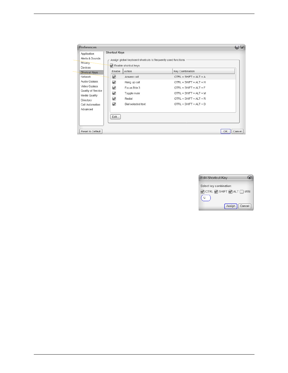 Preferences – shortcut keys | CounterPath Bria 3.3 for Windows User Guide - Retail Deployments User Manual | Page 78 / 104