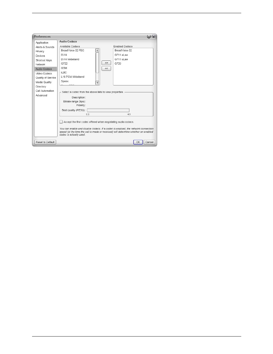 Preferences – audio codecs | CounterPath Bria 3.3 for Windows User Guide - Retail Deployments User Manual | Page 80 / 104