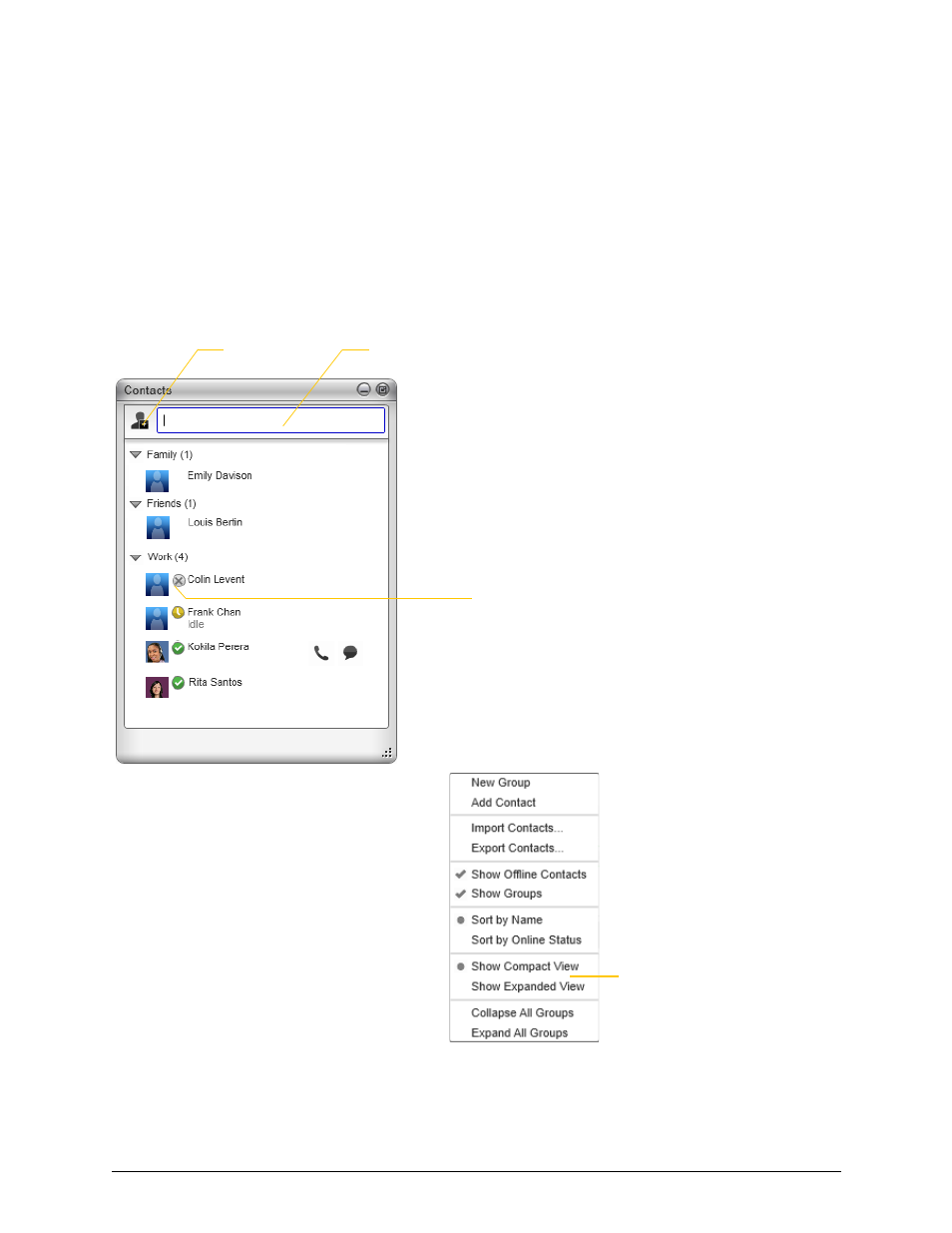 5 the contacts tab, The contacts tab, 5the contacts tab | CounterPath Bria 3.5 for Windows User Guide - Enterprise Deployments User Manual | Page 41 / 90