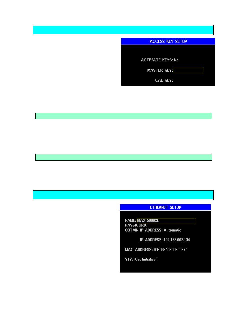 Access key setup, Master key, Calibration key | Ethernet setup | Arizona MAX-5000XL User Manual | Page 54 / 92