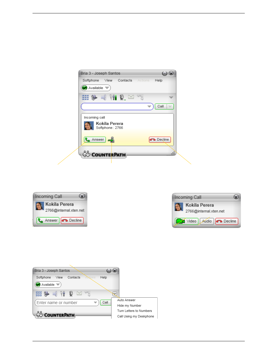 4 handling incoming calls, Handling incoming calls, Auto answer | CounterPath Bria 3.4 for Windows User Guide - Enterprise Deployments User Manual | Page 19 / 90