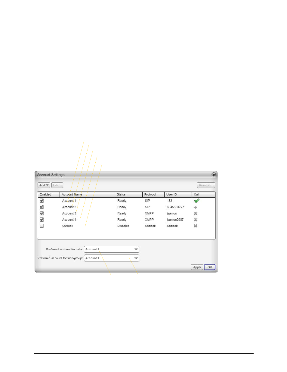 7 configuring bria, 1 configuring accounts, Configuring bria | Configuring accounts, 7configuring bria, Accounts settings window | CounterPath Bria 3.4 for Windows User Guide - Enterprise Deployments User Manual | Page 61 / 90