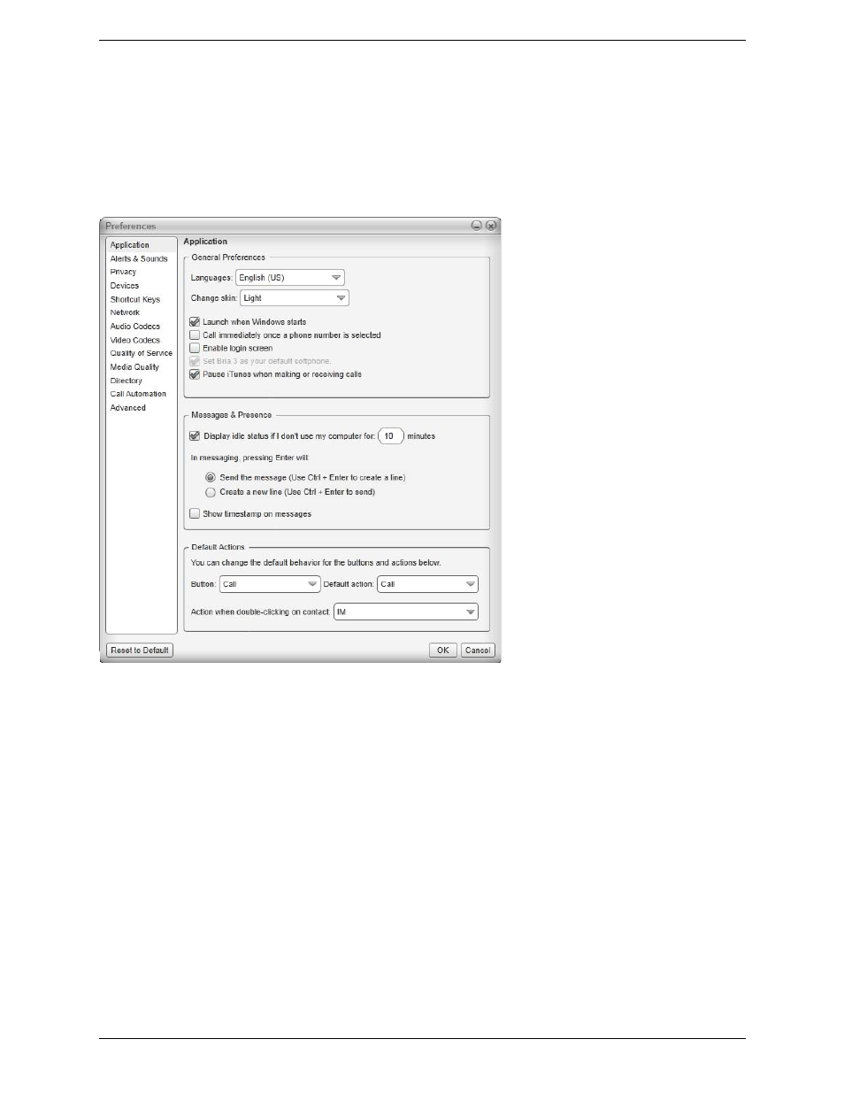 2 configuring preferences, Configuring preferences, Preferences – application | CounterPath Bria 3.4 for Windows User Guide - Enterprise Deployments User Manual | Page 70 / 90