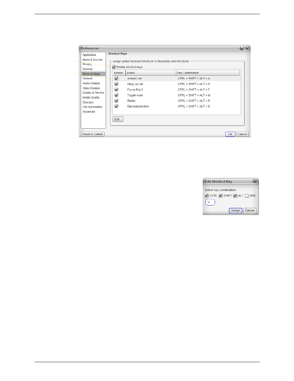 Preferences – shortcut keys | CounterPath Bria 3.4 for Windows User Guide - Enterprise Deployments User Manual | Page 75 / 90