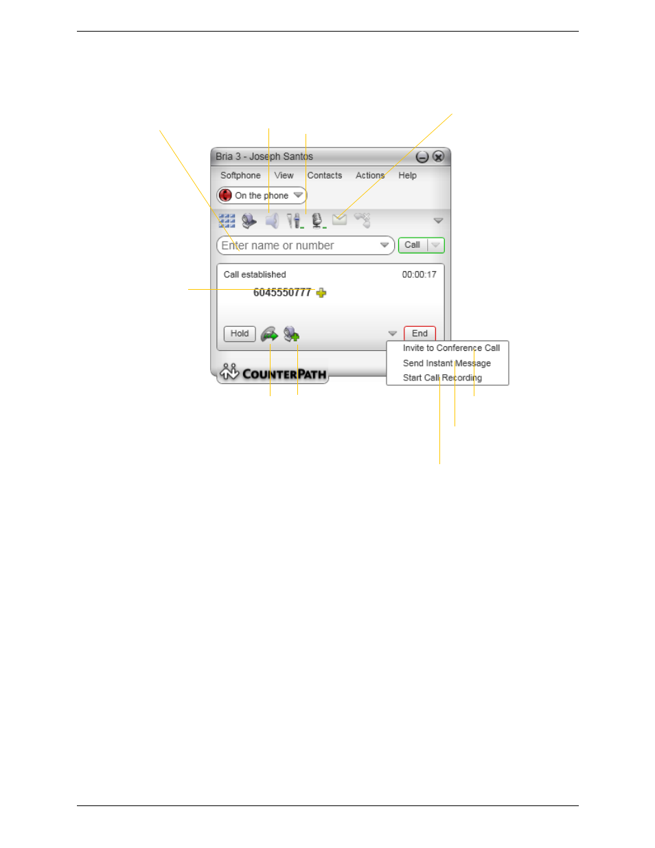 5 handling an established call, Handling an established call, Ending a call | CounterPath Bria 3.2 for Windows User Guide - Retail Deployments User Manual | Page 20 / 102