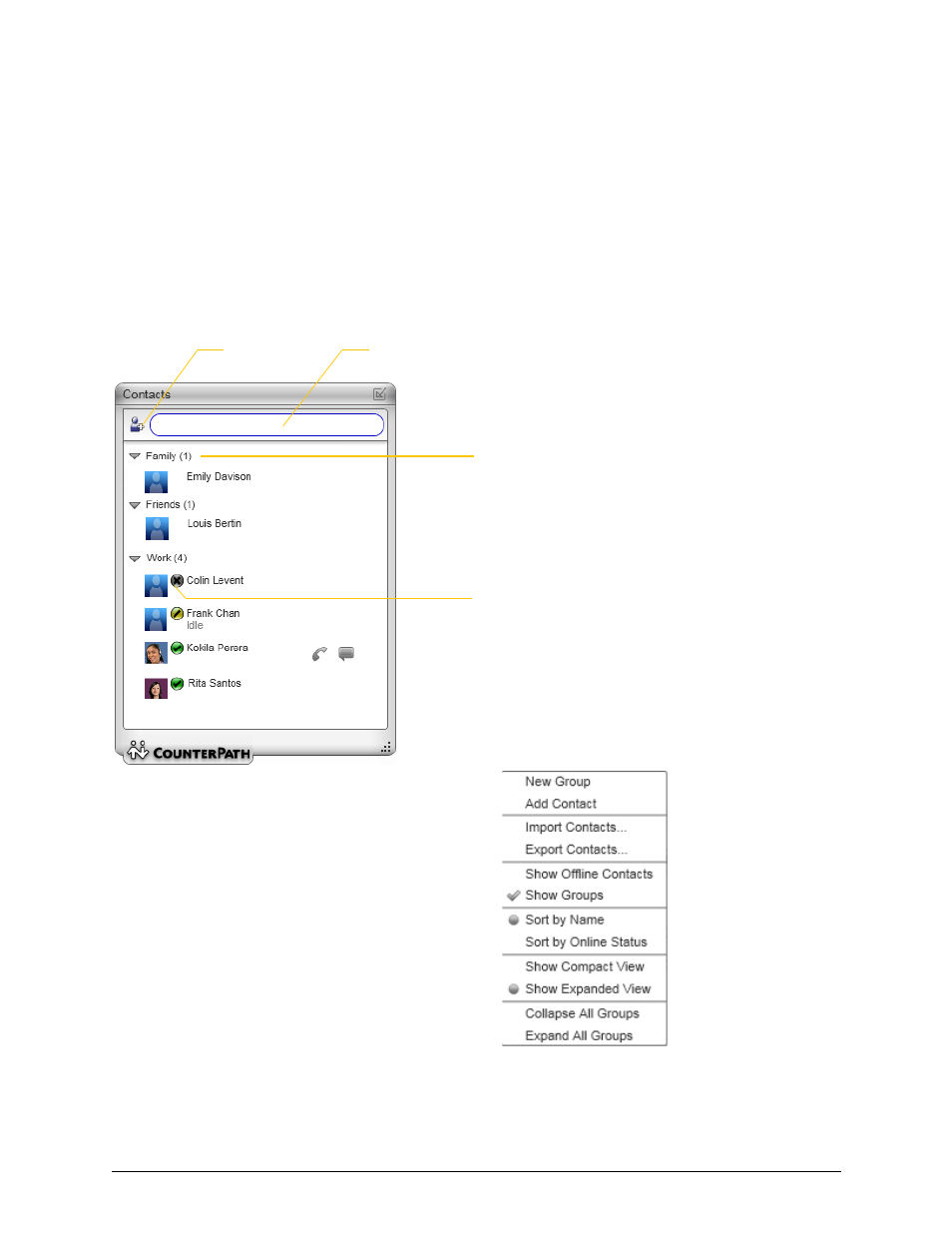 5 the contacts tab, The contacts tab, 5the contacts tab | CounterPath Bria 3.2 for Windows User Guide - Retail Deployments User Manual | Page 37 / 102