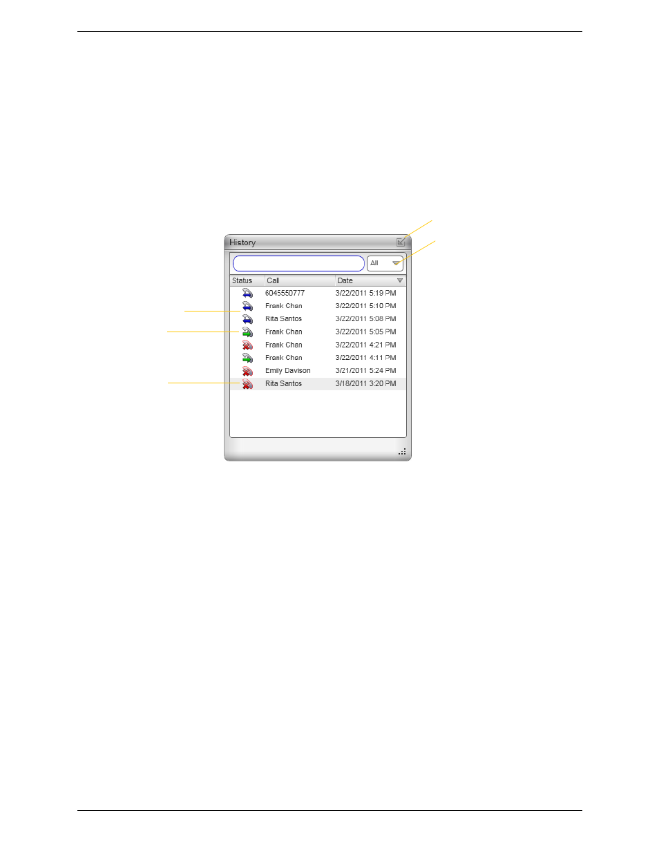 6 using other resources, 1 history tab, Using other resources | History tab, 6using other resources, Managing the lists of calls, Phoning from history | CounterPath Bria 3.2 for Windows User Guide - Retail Deployments User Manual | Page 51 / 102