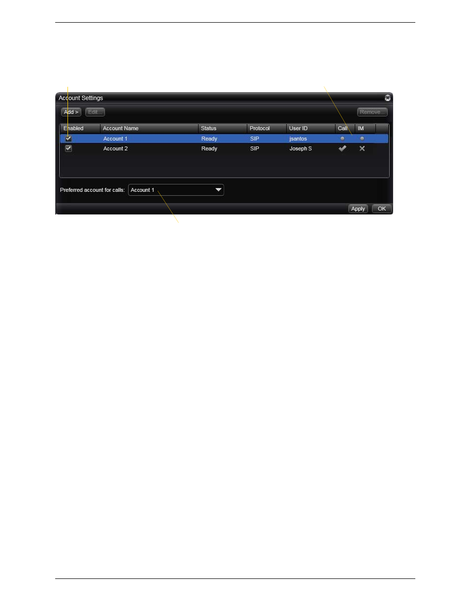 Account settings window with multiple sip accounts | CounterPath Bria 3.1 Administrator Guide User Manual | Page 24 / 70
