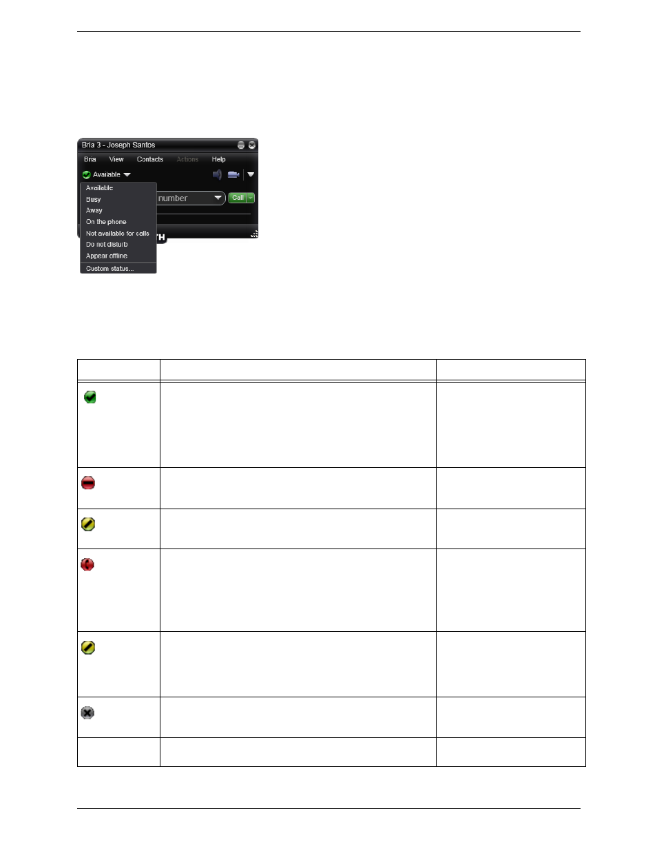 Setting your online status, Changing your status, Setting up status indicators | CounterPath Bria 3.1 for Windows User Guide - Enterprise Deployments User Manual | Page 49 / 82