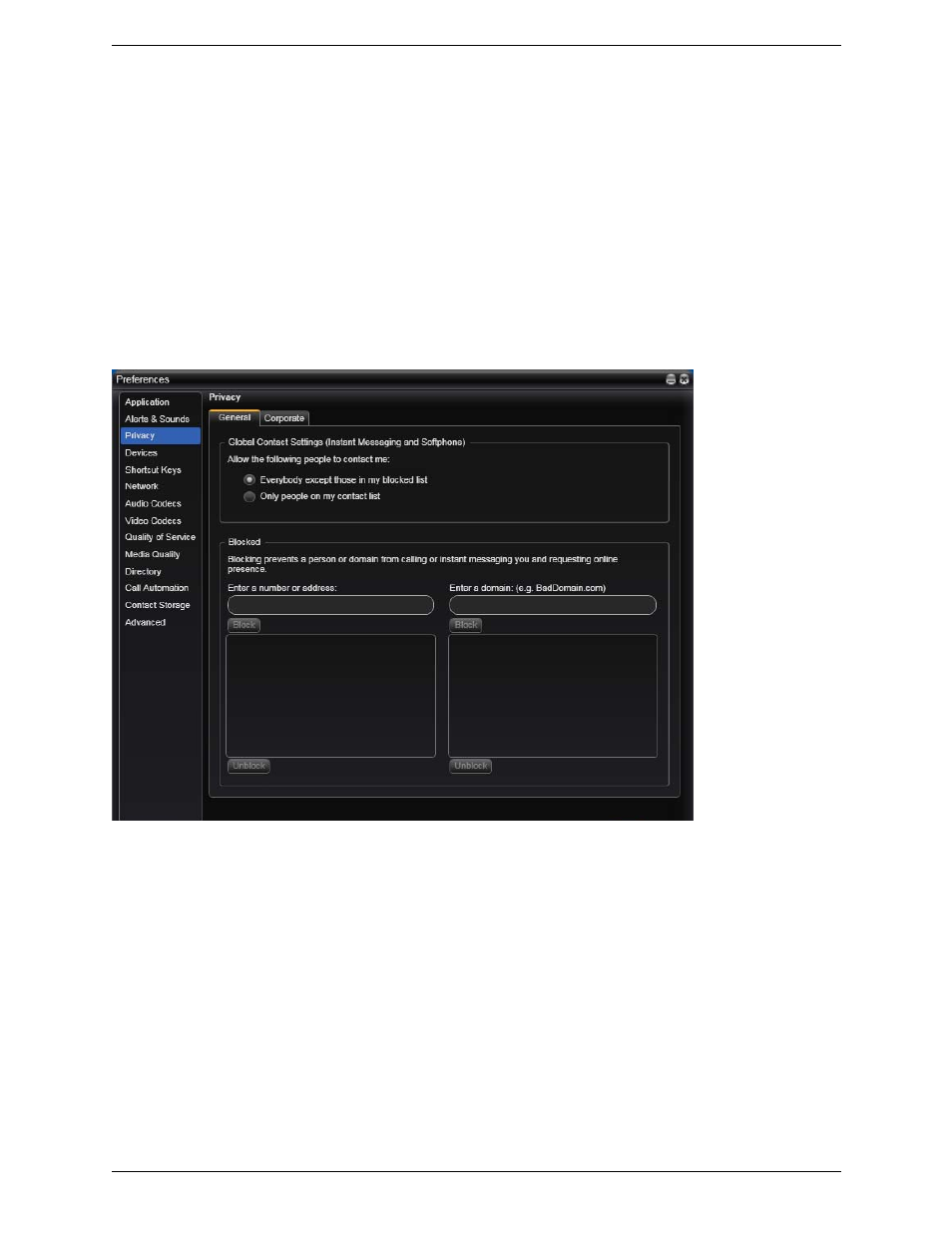 Preferences – privacy | CounterPath Bria 3.1 for Windows User Guide - Enterprise Deployments User Manual | Page 62 / 82