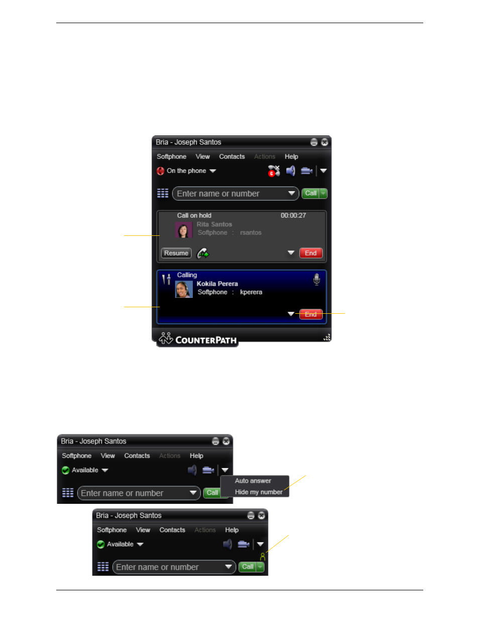 Placing another call, Hiding your identity | CounterPath Bria 3.0 for Windows User Guide – Retail Deployments (Revision 2) User Manual | Page 18 / 94