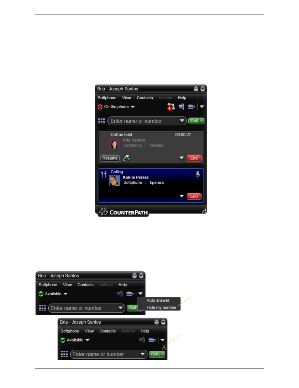 Placing another call, Hiding your identity | CounterPath Bria 3.0 for Windows User Guide – Enterprise Deployments (Revision 2) User Manual | Page 18 / 70