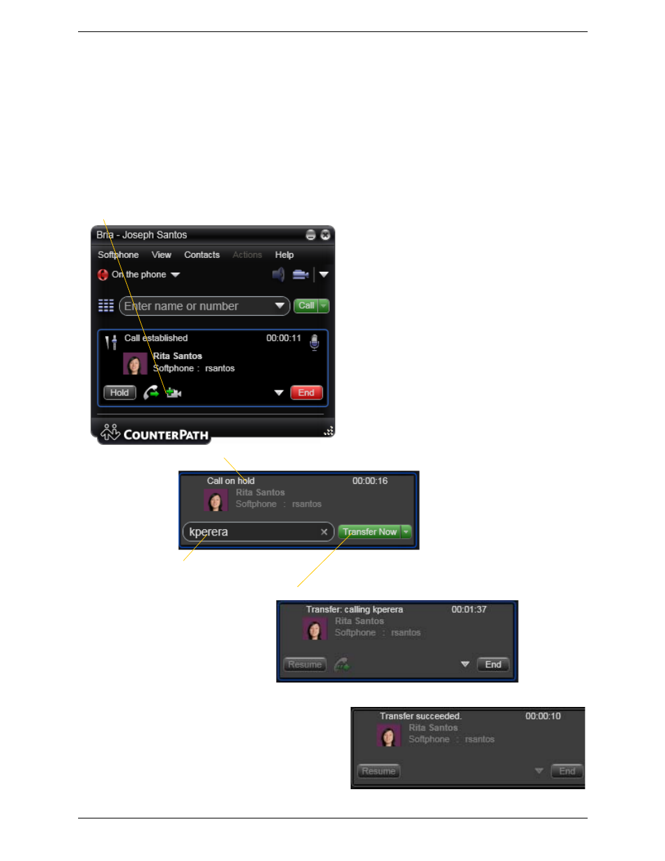 6 transfering a call, Transfering a call, Basic (unattended) transfer – transfer this call | CounterPath Bria 3.0 for Windows User Guide – Enterprise Deployments (Revision 2) User Manual | Page 22 / 70