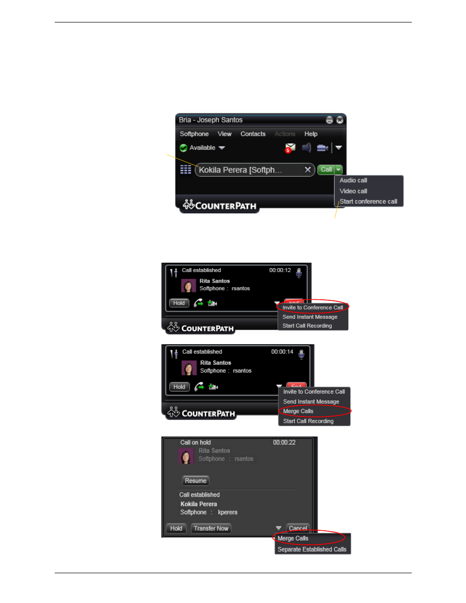 8 conference calls, Conference calls, Starting a conference call | CounterPath Bria 3.0 for Windows User Guide – Enterprise Deployments (Revision 2) User Manual | Page 26 / 70