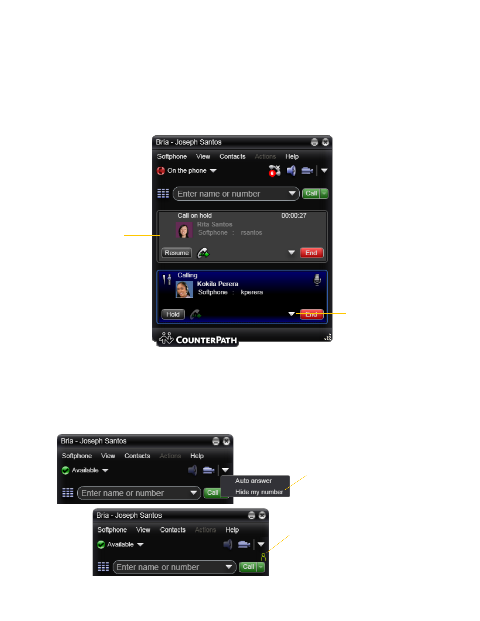 Placing another call, Hiding your identity | CounterPath Bria 3.0 for Windows User Guide – Retail Deployments User Manual | Page 17 / 92