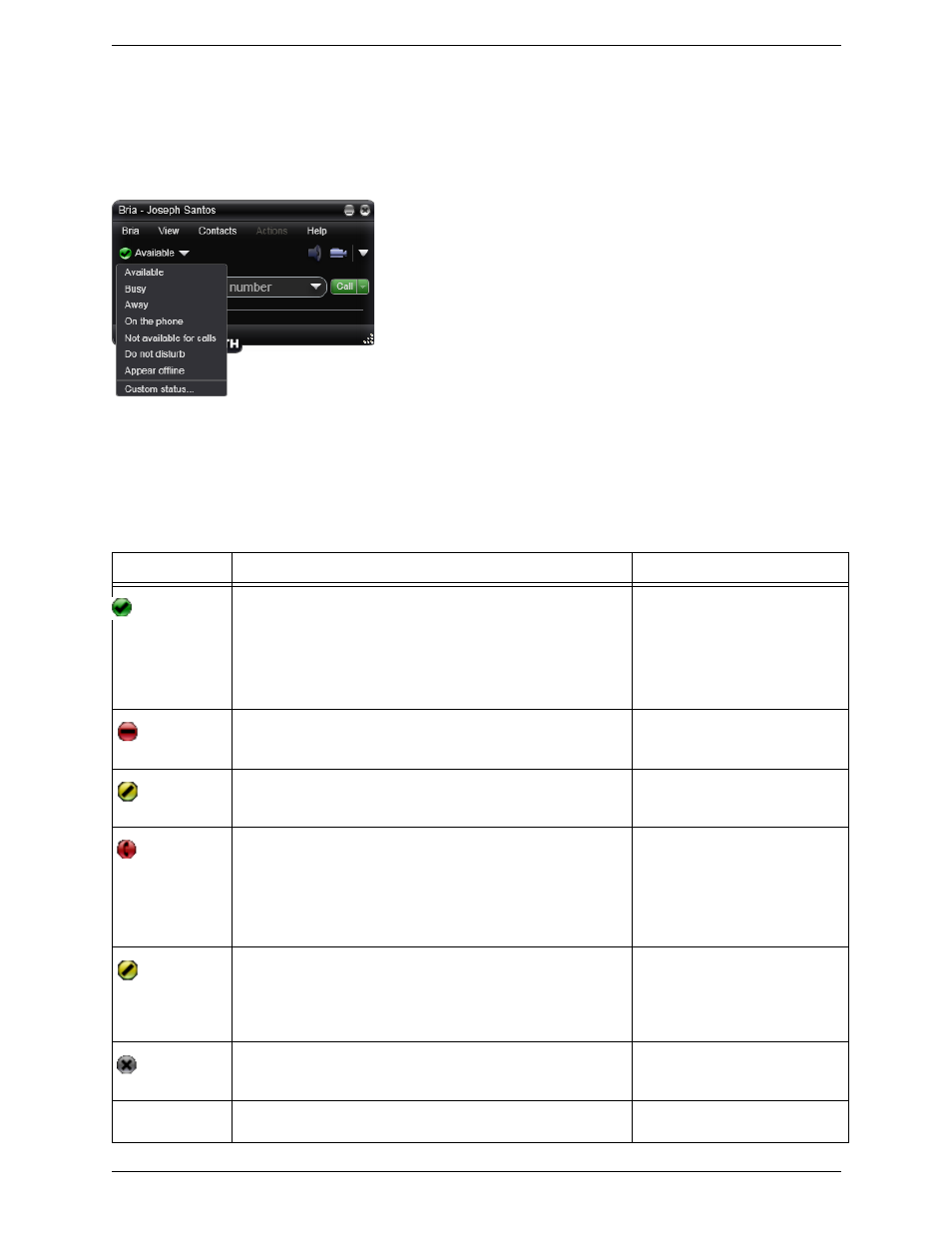 Setting your online status, Changing your status, Setting up status indicators | CounterPath Bria 3.0 for Windows User Guide – Retail Deployments User Manual | Page 44 / 92