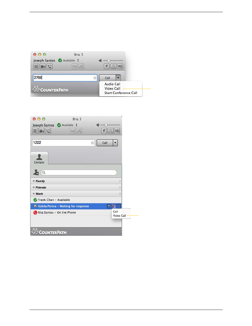 6 handling video calls, Handling video calls | CounterPath Bria 3.5.2 for Mac User Guide - Retail Deployments User Manual | Page 23 / 88