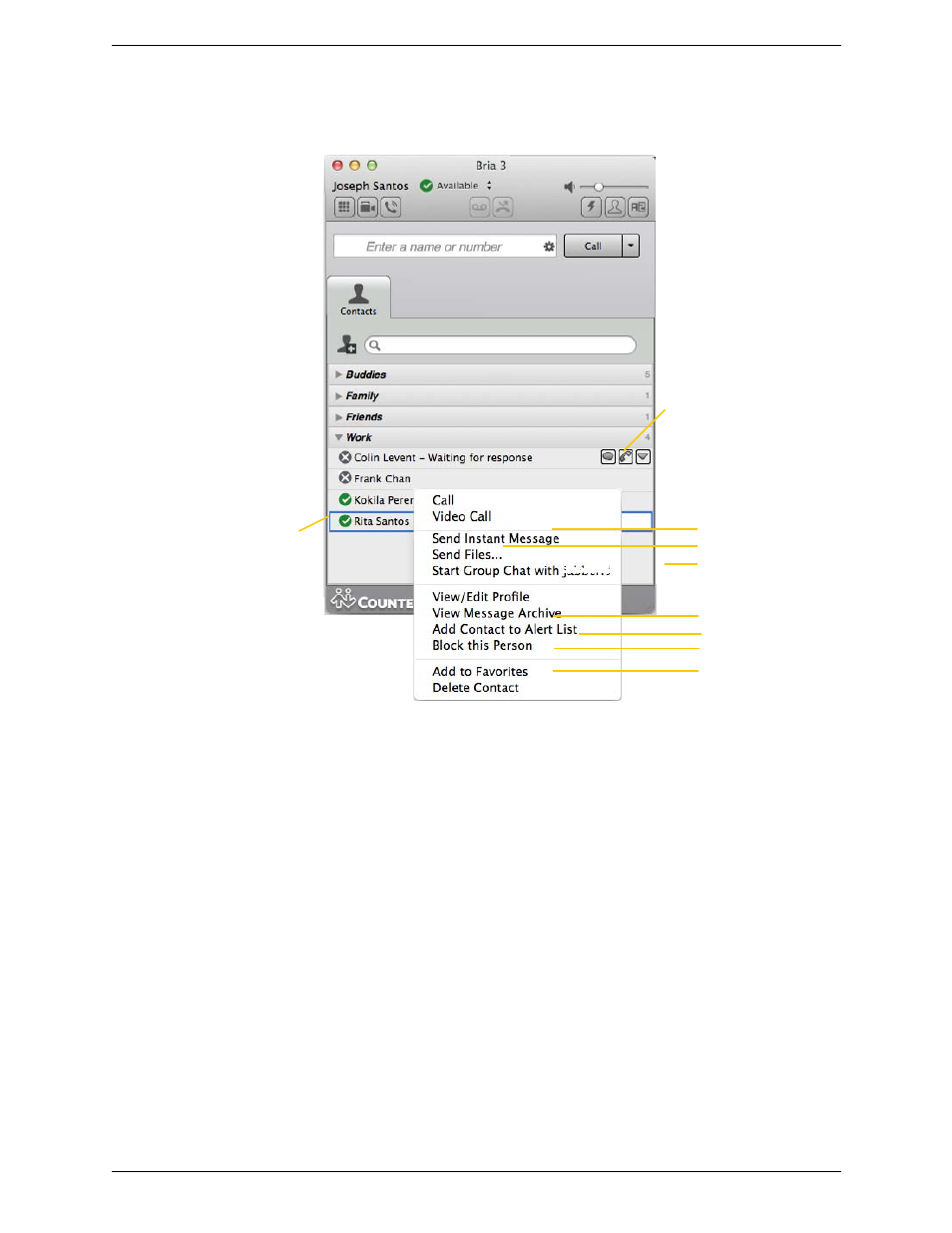 3 using contacts, Using contacts | CounterPath Bria 3.5.2 for Mac User Guide - Retail Deployments User Manual | Page 42 / 88